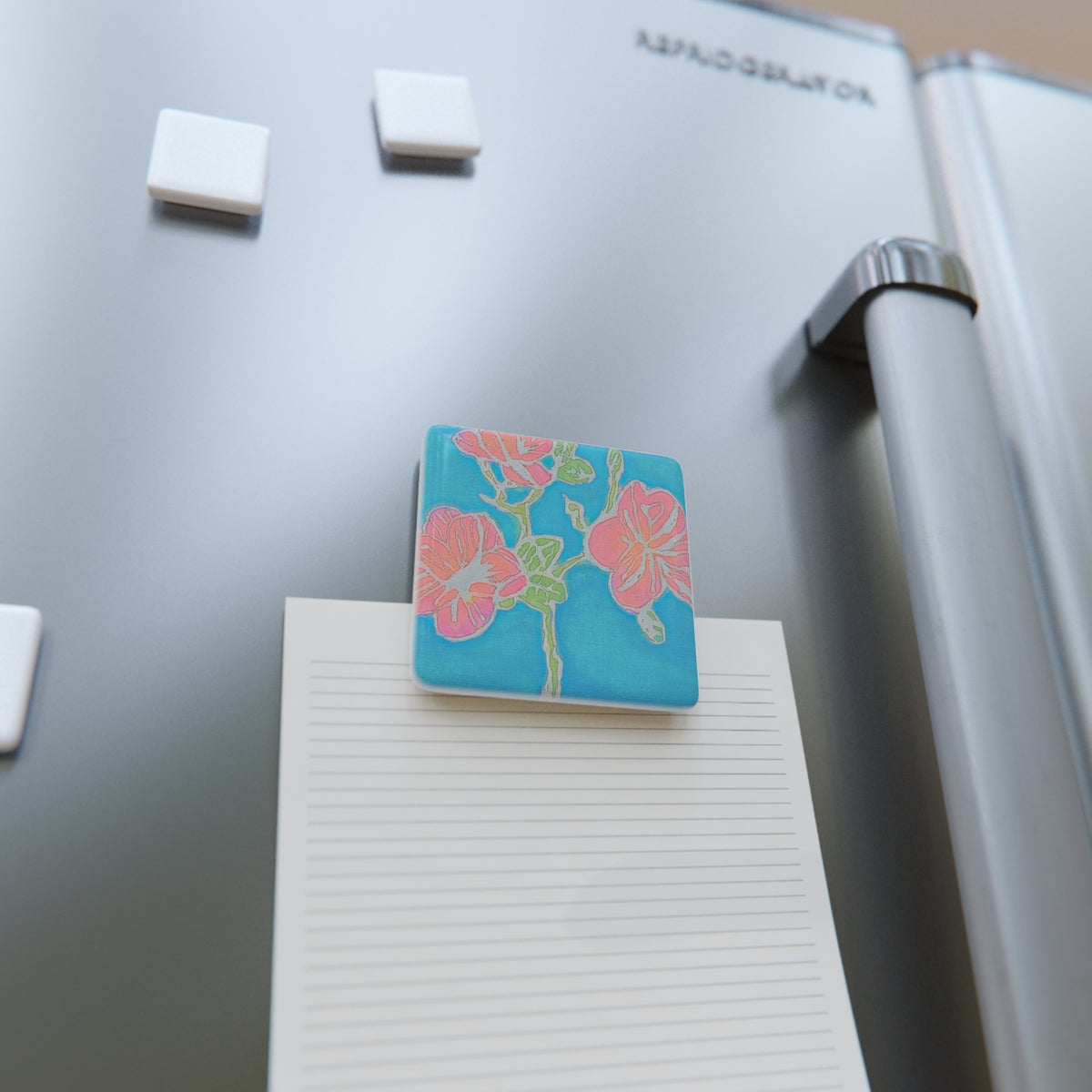 Floral Porcelain Square Magnet — Pink Blossoms on Teal