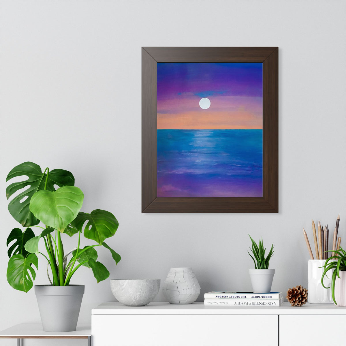 Sunrise Moon over Ocean Framed Vertical Poster — Serene Coastal Wall Art