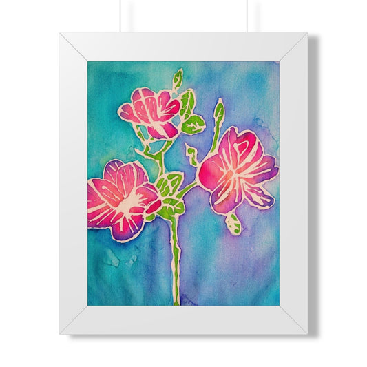 Framed Floral Watercolor Poster — Pink Blossoms on Teal Background