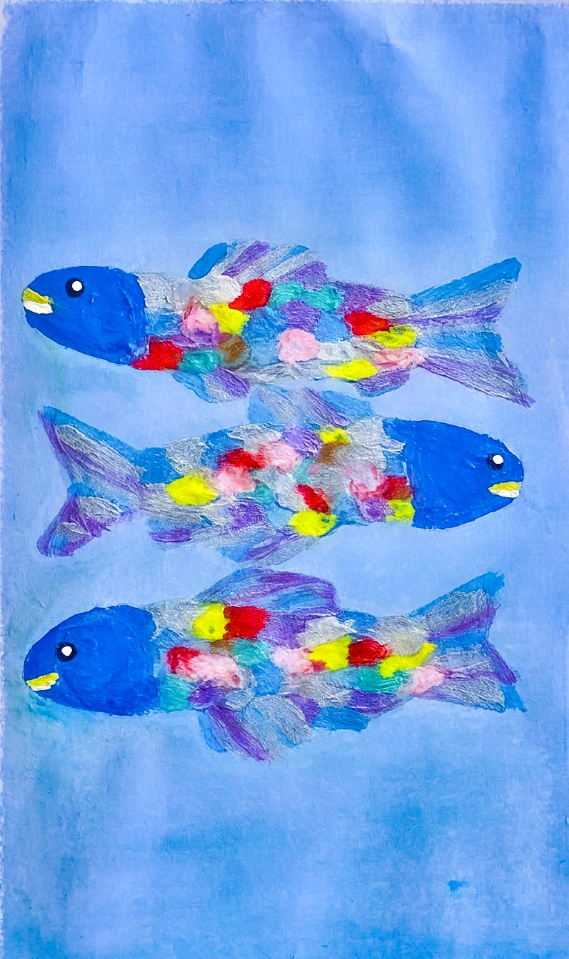 Three Fish — digital art print featuring three blue fish with colorful patchwork scales on a soft blue background