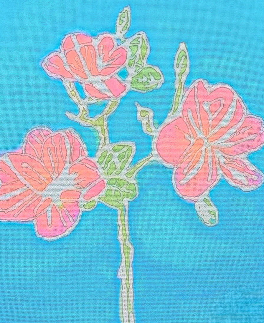 Pink Blooms on Turquoise — watercolor digital art print featuring bold pink flowers on a vivid turquoise background