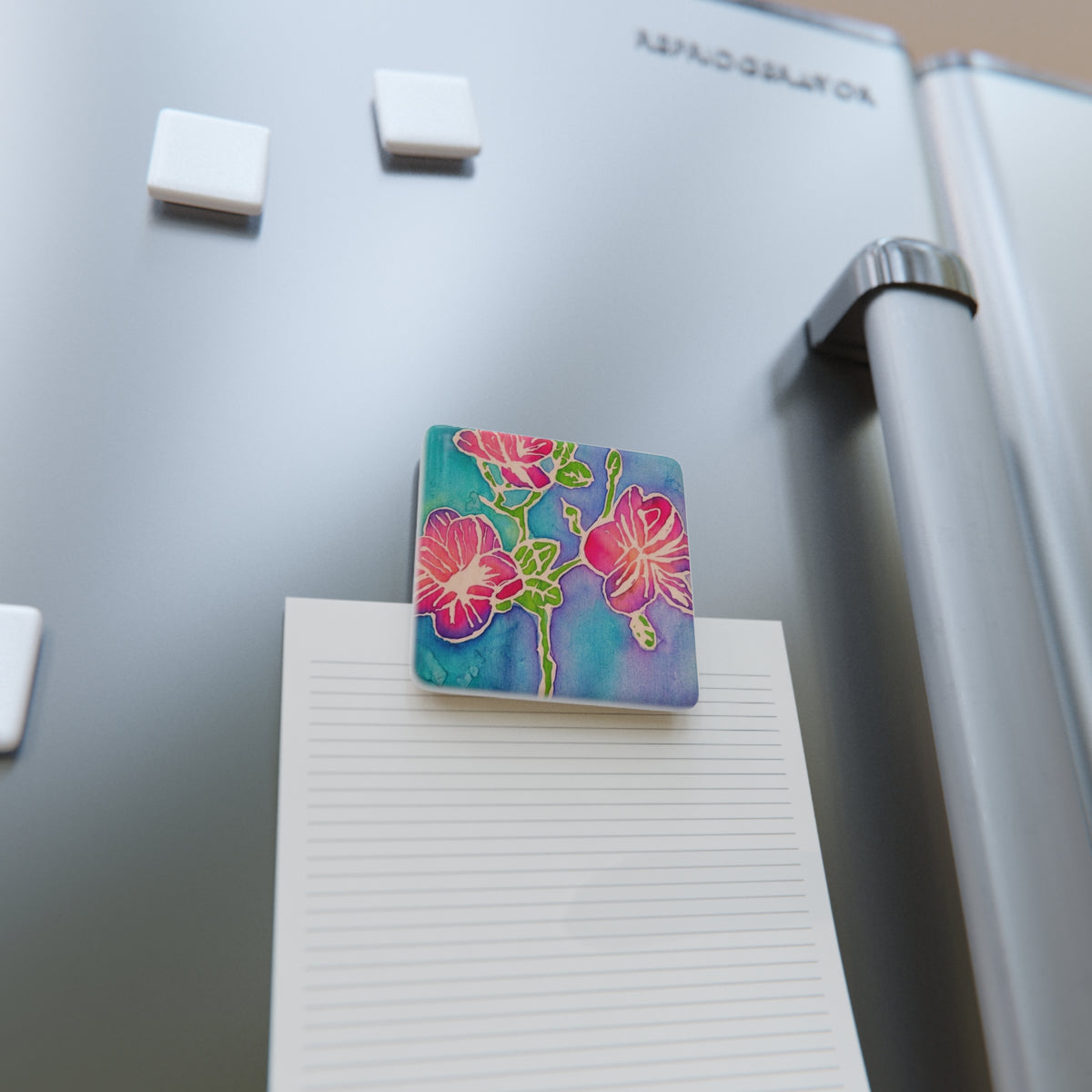 Porcelain Square Magnet — Vibrant Watercolor Pink Flowers (Floral Refrigerator Magnet)