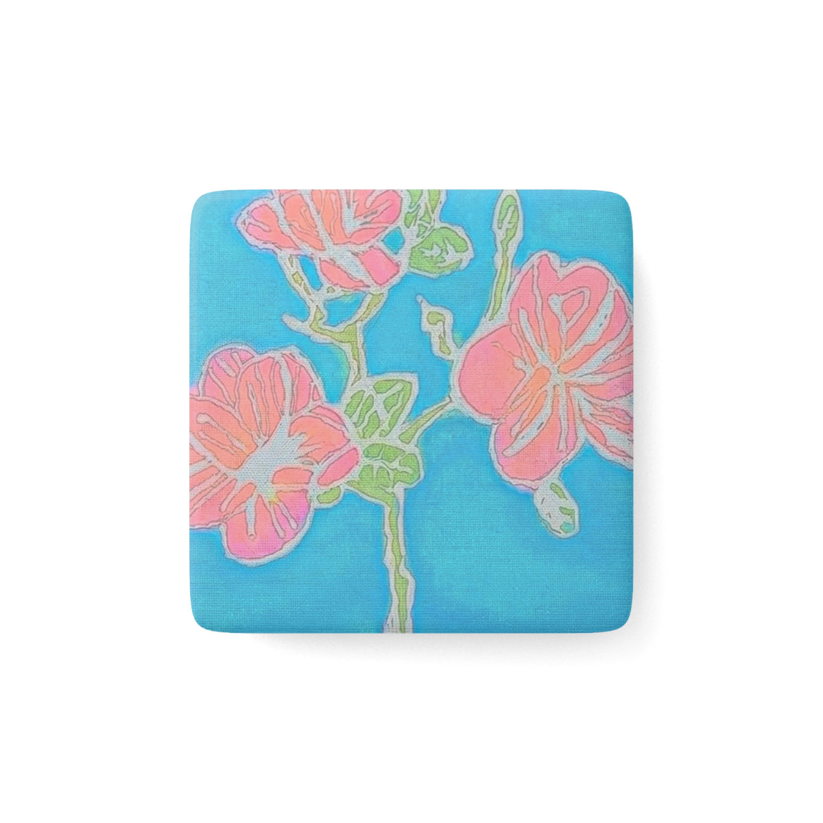 Floral Porcelain Square Magnet — Pink Blossoms on Teal