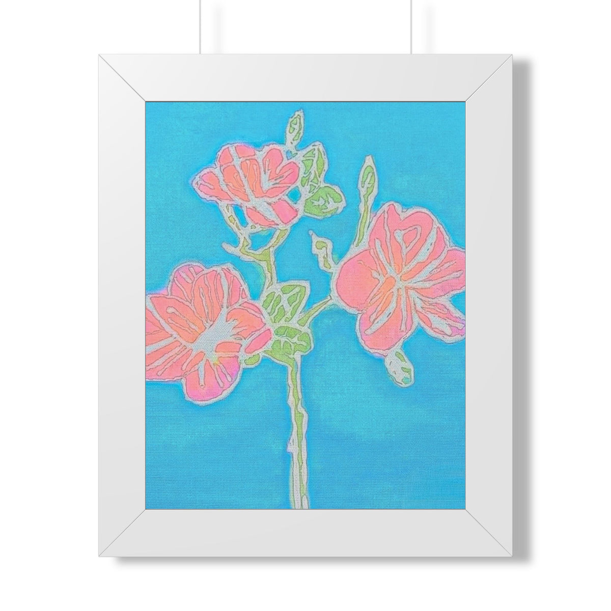 Framed Floral Poster — Pink Blooms on Turquoise Vertical Art Print