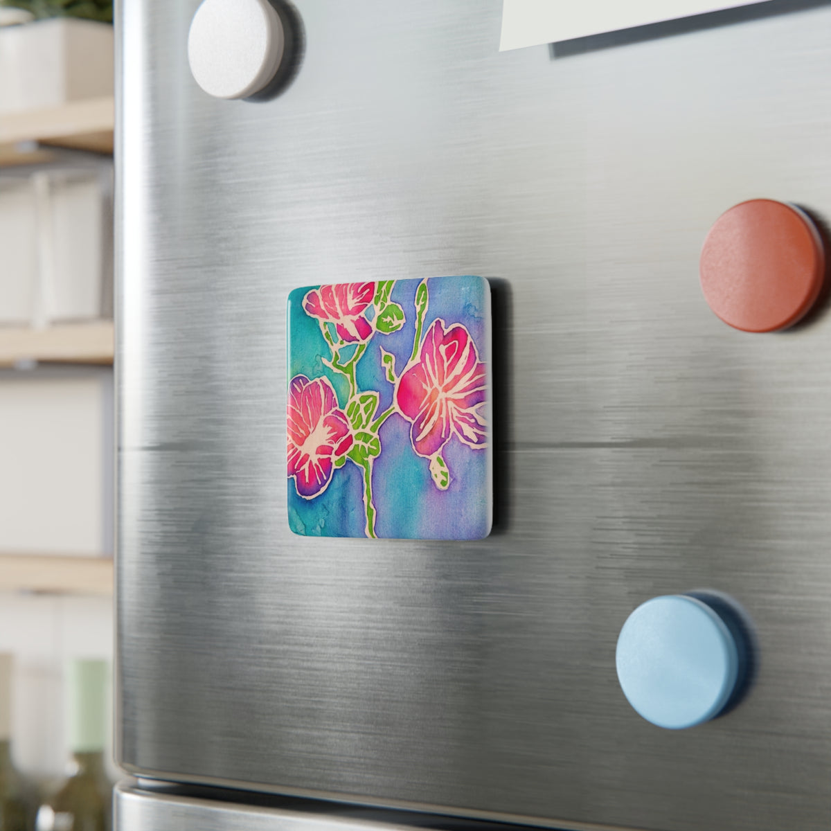 Porcelain Square Magnet — Vibrant Watercolor Pink Flowers (Floral Refrigerator Magnet)