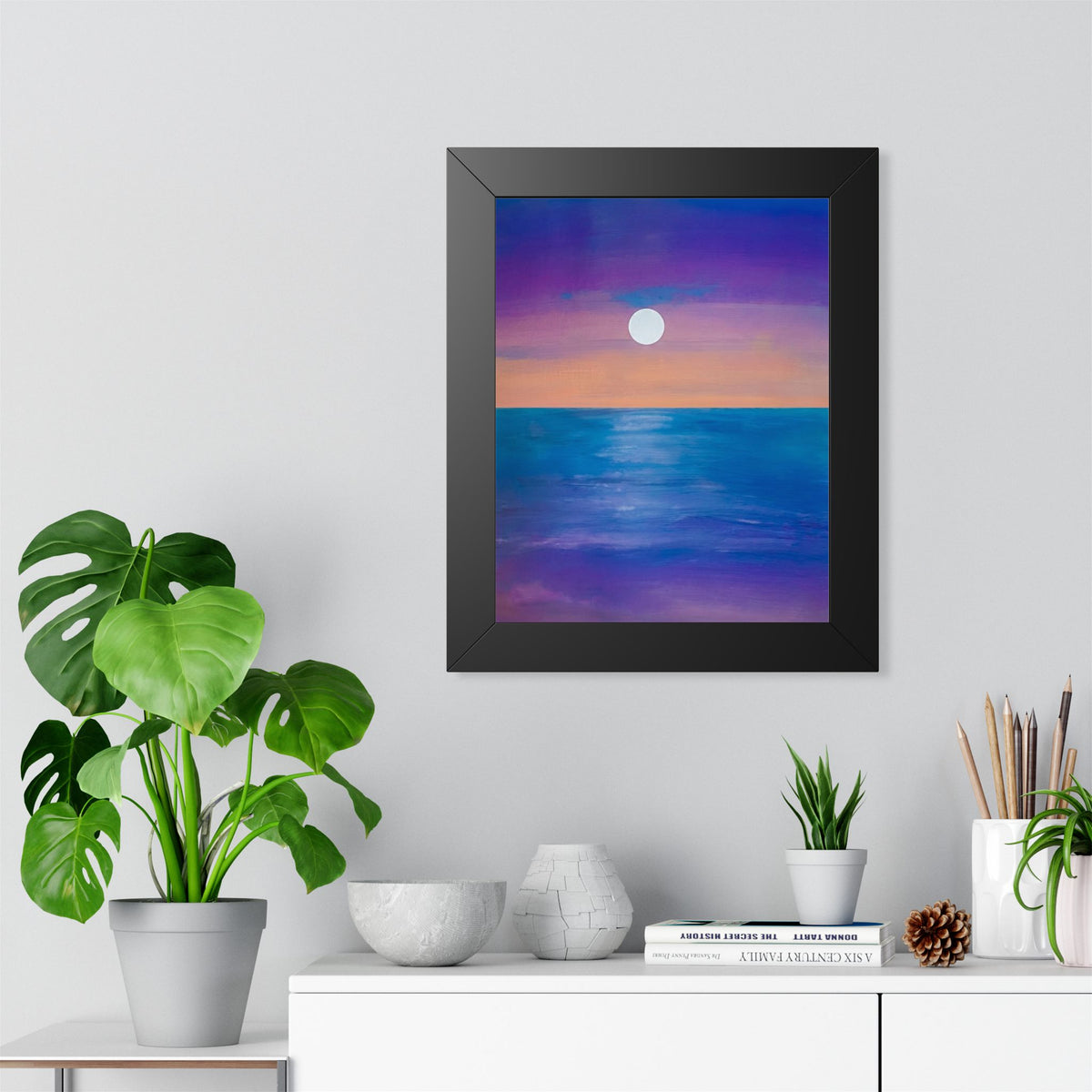 Sunrise Moon over Ocean Framed Vertical Poster — Serene Coastal Wall Art