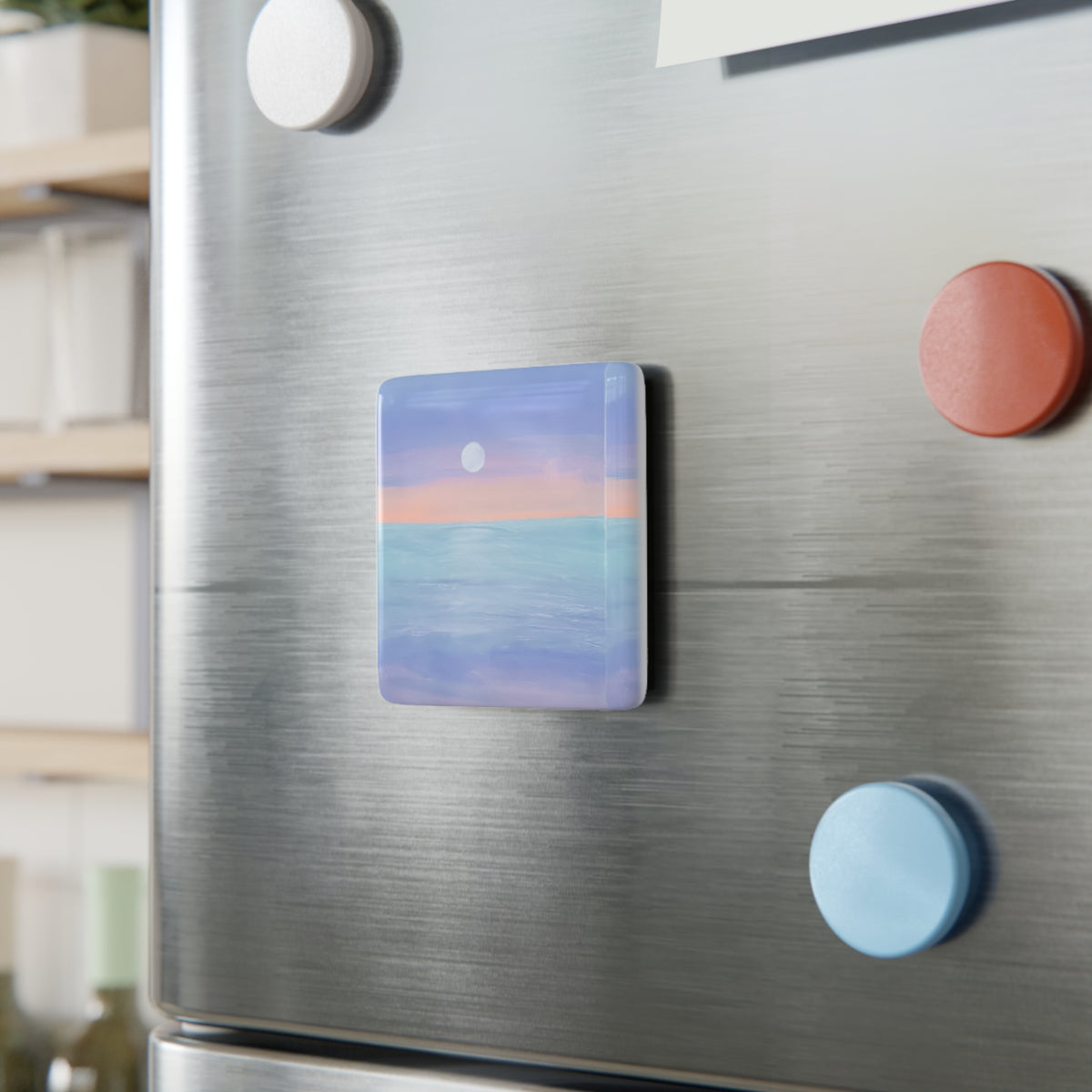Ocean Moon Porcelain Magnet — Pastel Seascape Square Fridge Magnet
