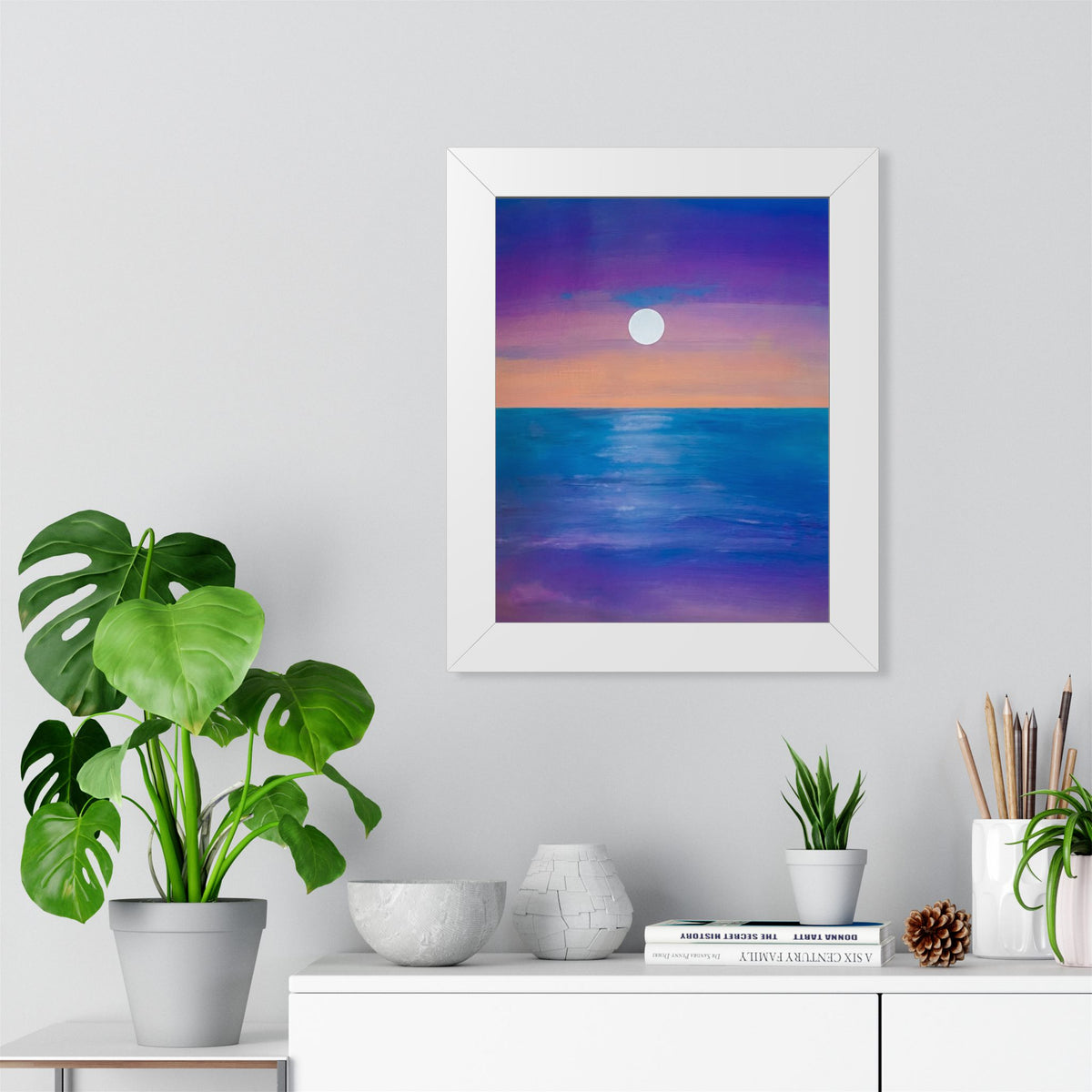 Sunrise Moon over Ocean Framed Vertical Poster — Serene Coastal Wall Art