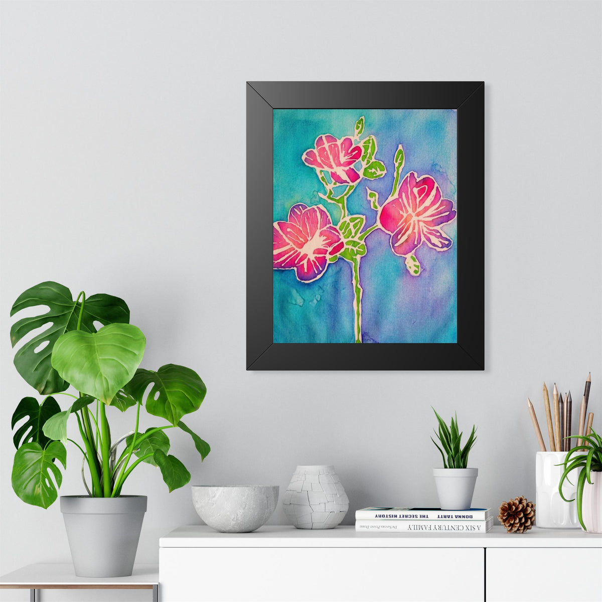 Framed Floral Watercolor Poster — Pink Blossoms on Teal Background