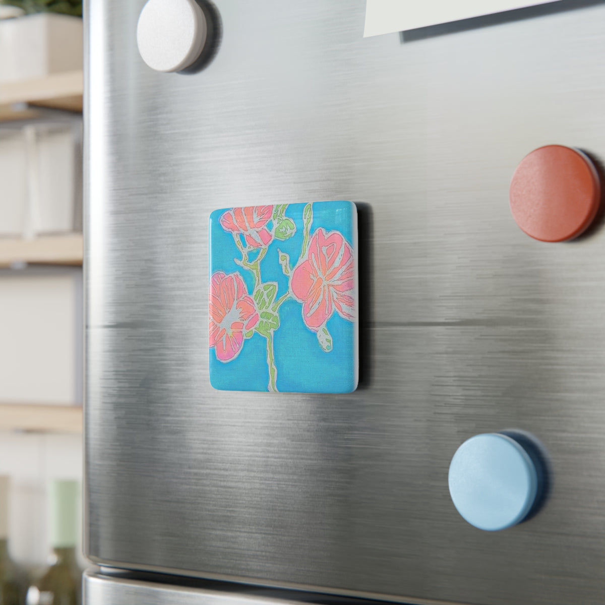 Floral Porcelain Square Magnet — Pink Blossoms on Teal