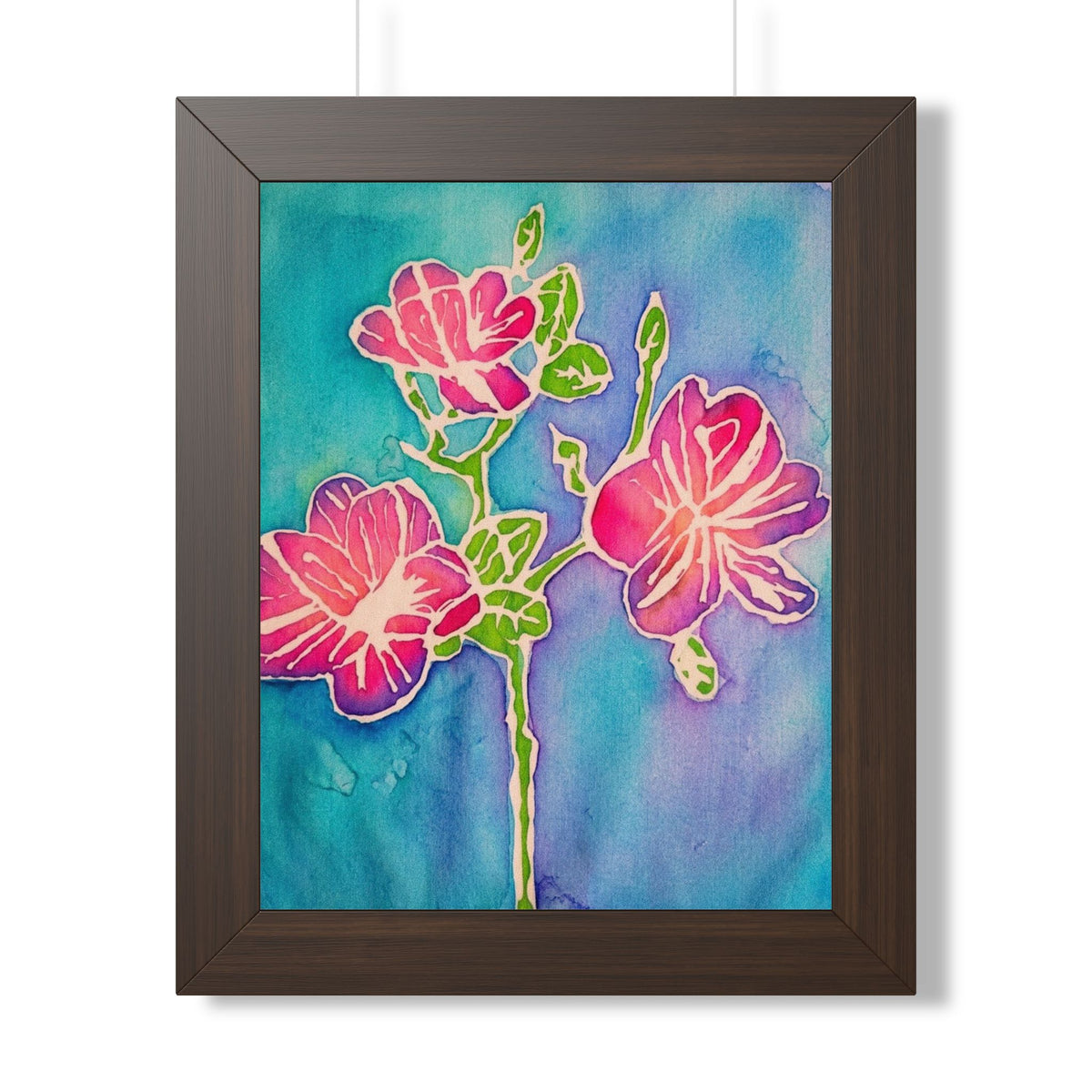 Framed Floral Watercolor Poster — Pink Blossoms on Teal Background