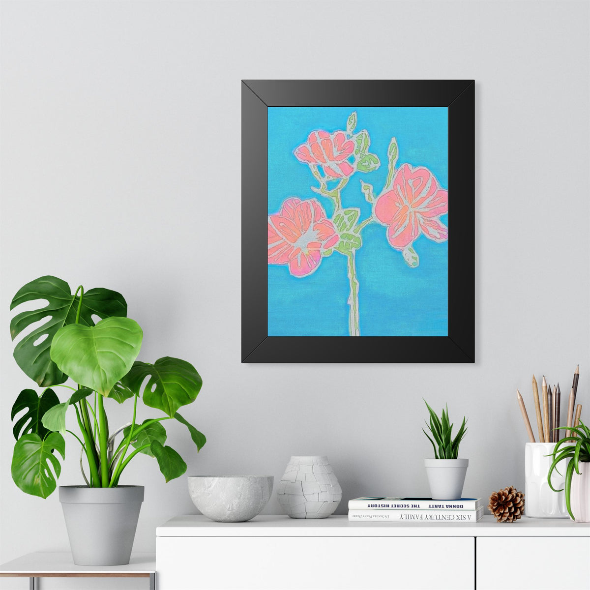 Framed Floral Poster — Pink Blooms on Turquoise Vertical Art Print
