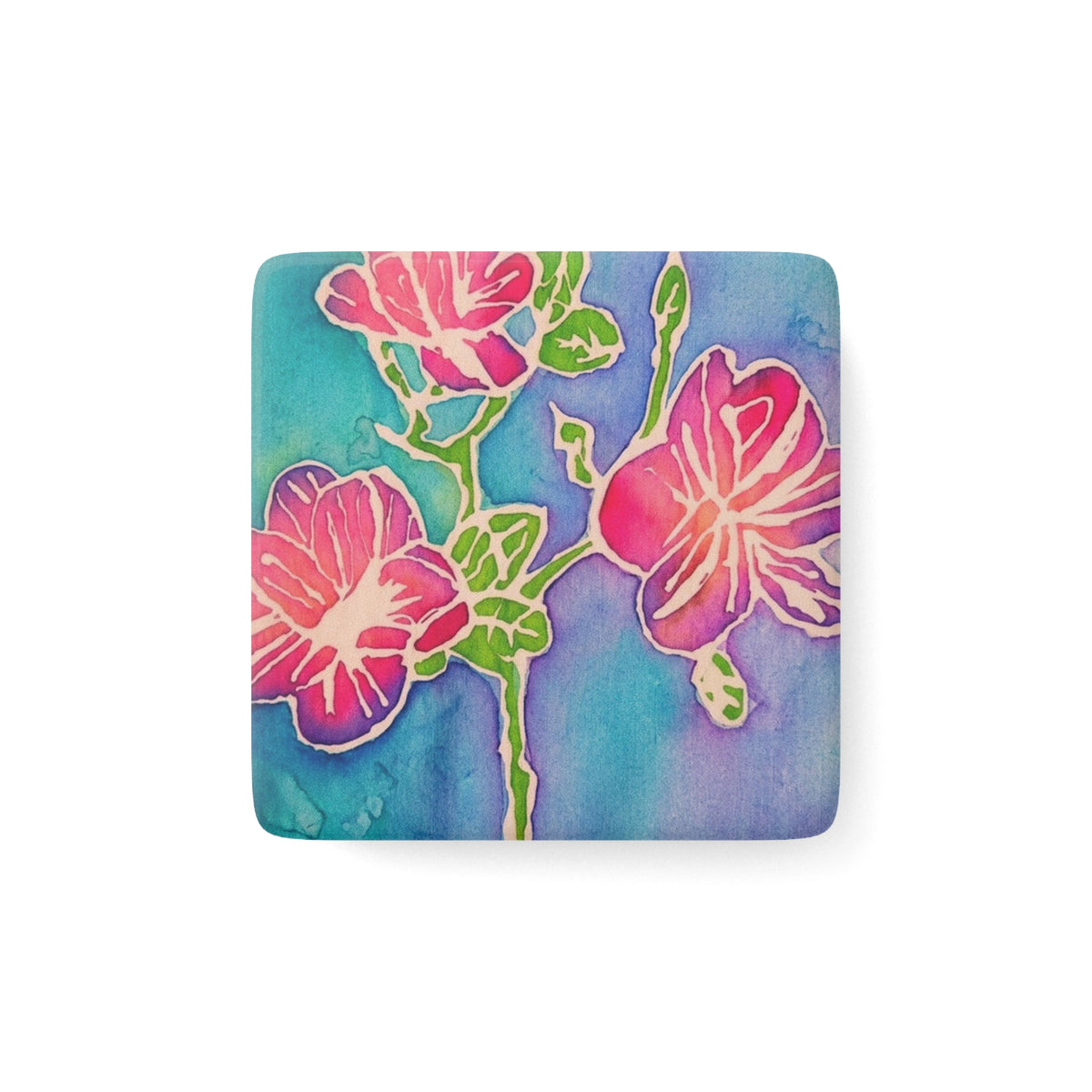 Porcelain Square Magnet — Vibrant Watercolor Pink Flowers (Floral Refrigerator Magnet)