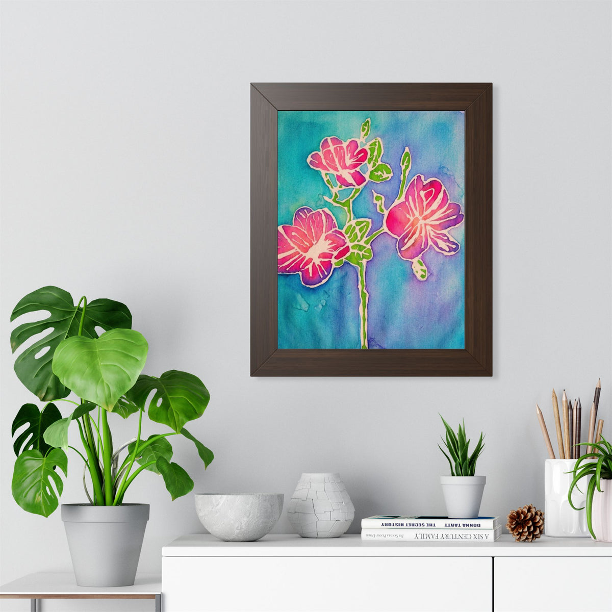 Framed Floral Watercolor Poster — Pink Blossoms on Teal Background