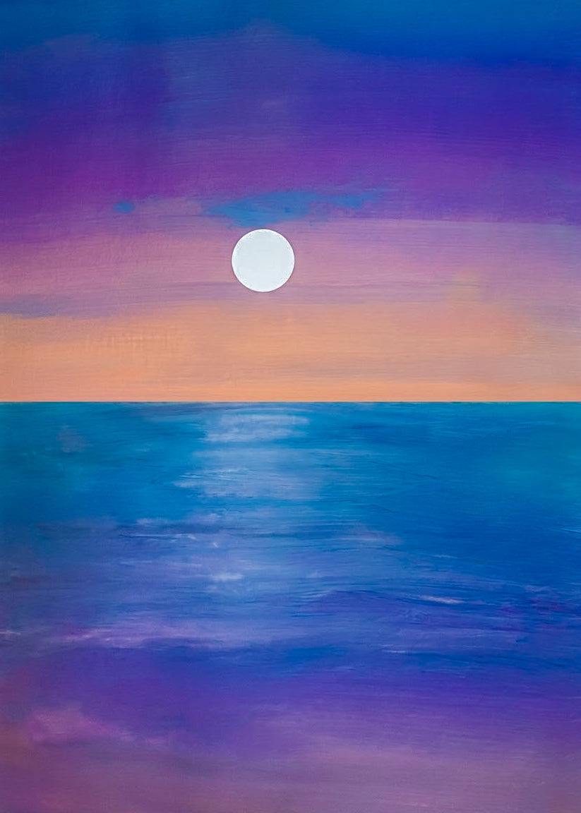 Moonrise Over the Ocean digital art print — full moon rising over a violet and cobalt ocean at twilight