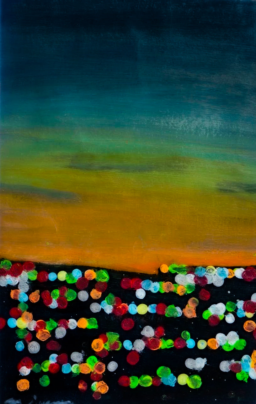 City Lights at Dusk digital art print — colorful glowing orbs against a dark horizon under a teal and amber sky